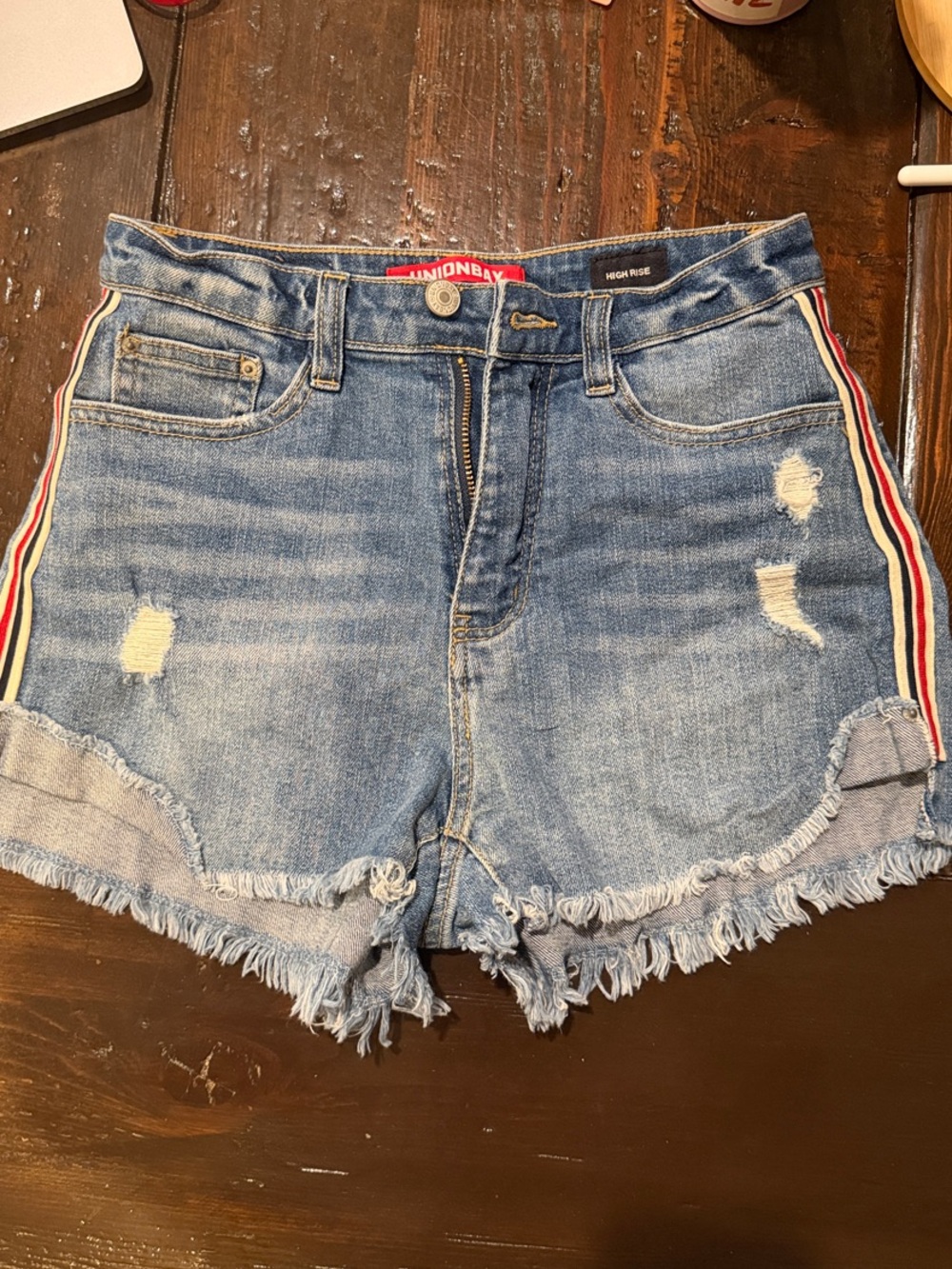 UnionBay High RiseLight Blue Distressed Denim Shorts with Red-Trim Stripe